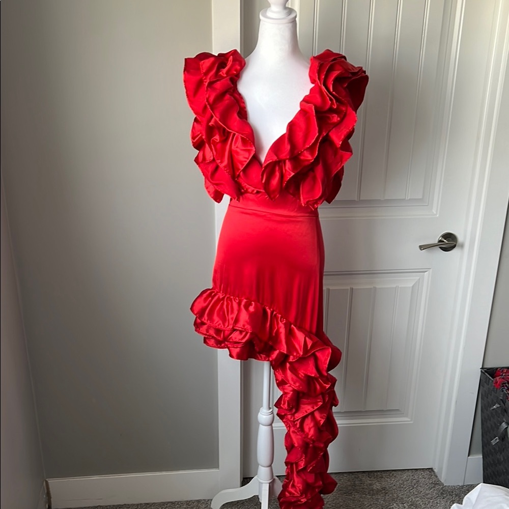 Red Satin Ruffled Asymmetrical Hi-lo Dress